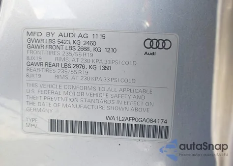 2016 Audi Q5 2.0T Premium из США, поврежденный, VIN WA1L2AFP0GA084174